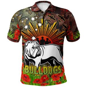 Bulldogs Rugby Polo Shirt - Anzac Bulldog with Remembrance Poppy and Indigenous Patterns Polo Shirt RLT13