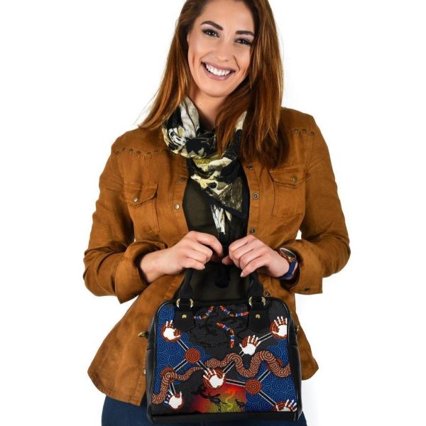 Aboriginal Shoulder Handbag, Australian Boomerang and Snake Indigenous Art Ver 01