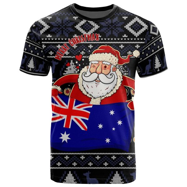 Christmas T-Shirt - Australia Santa Claus Hold The Flag ( Black)