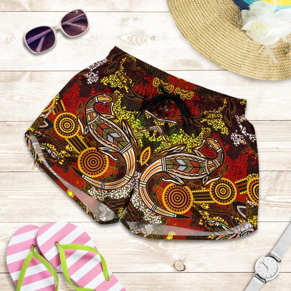 Aboriginal Women's Shorts , Kangaroo and Lizard Dot Painting Art